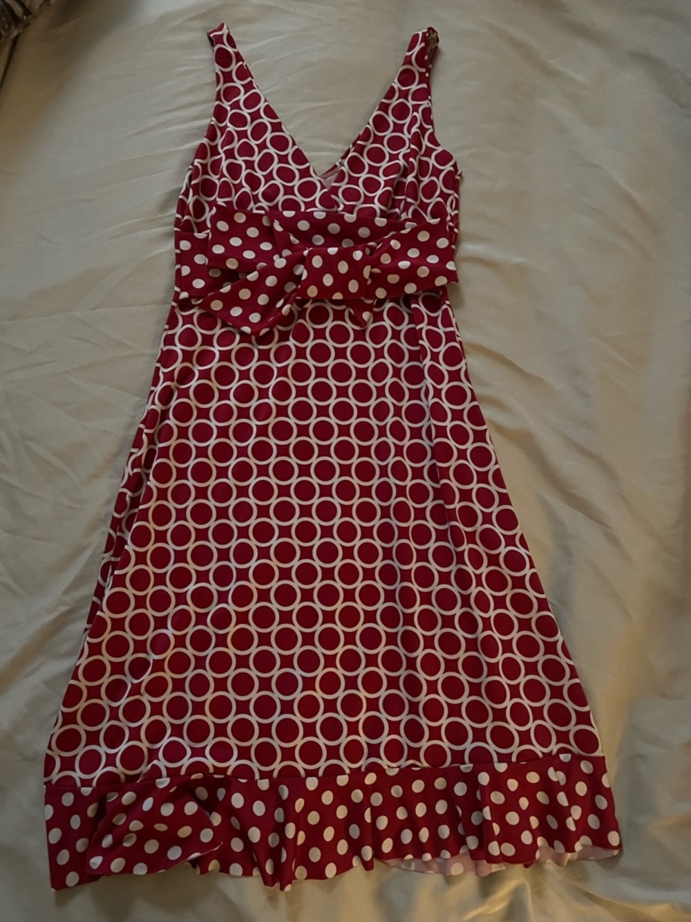 Red Polka Circle-Print Midi Dress with Waist Bow